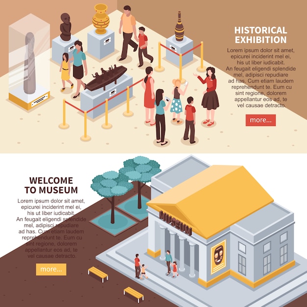 Free vector historical exhibition isometric banners