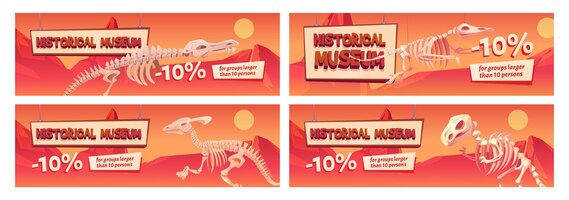 Historical museum promo banner with dinosaur skeletons. discount coupons with ten percent off for large groups visit. educational program, prehistory paleontology studying, cartoon flyers set