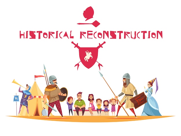 Historical reconstruction concept with ancient warriors and weapons flat