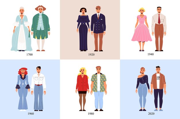 История концепции дизайна модного костюма набор из шести квадратных значков продемонстрировал мужские и женские костюмы с 1700 по 2020 годы.