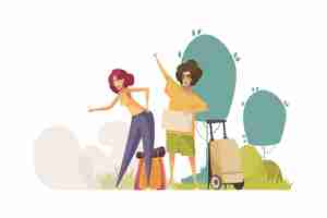 Free vector hitchhiking autostop composition with pair of tourists with suitcases catching car on the roadside vector illustration