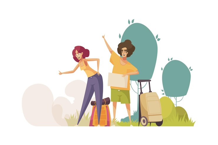 Free Vector hitchhiking autostop composition with pair of tourists with suitcases catching car on the roadside vector illustration