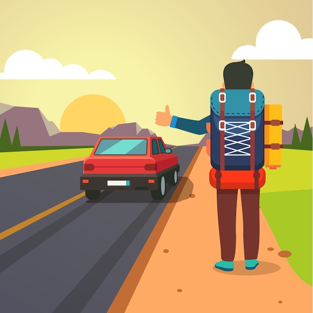 Free vector hitchhiking road travel. thumbing man stopped car