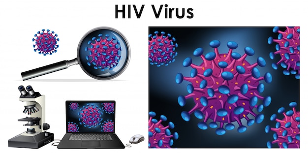 コンピューター画面と虫眼鏡上のhivウイルス