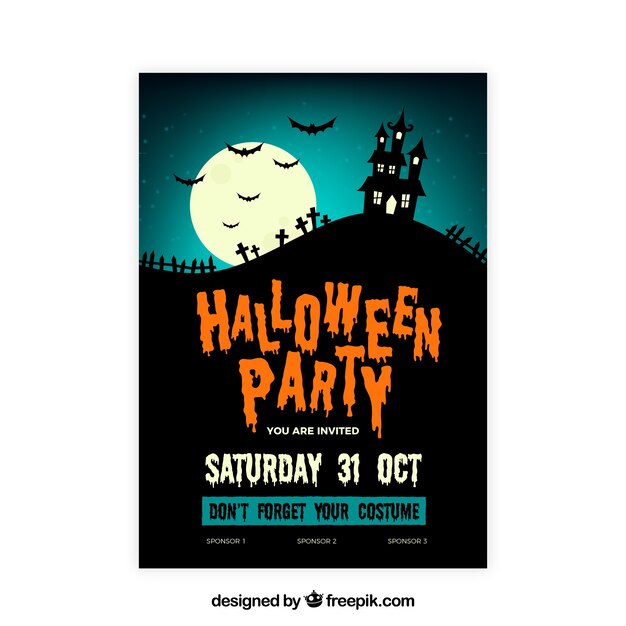 Hlloween party poster with haunted house