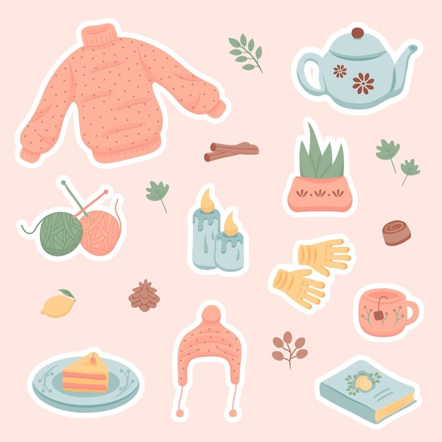 Hnd drawn winter and autumn hygge stickers