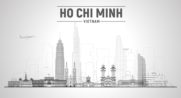 Ho Chi Minh city Vietnam line skyline with panorama in white background Vector Illustration Business travel and tourism concept with modern buildings Image for banner or website