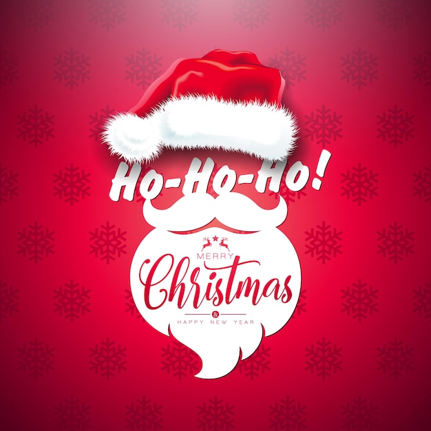 サンタ帽子のひげとタイポグラフィの手紙とホーホーホーメリークリスマスと新年あけましておめでとうございますのイラスト