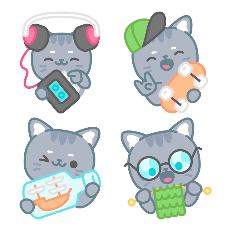 Free Vector hobbies stickers collection with tomomi the cat