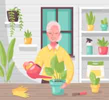 Free vector hobby free time leisure activities flat composition with woman taking care of indoor plants