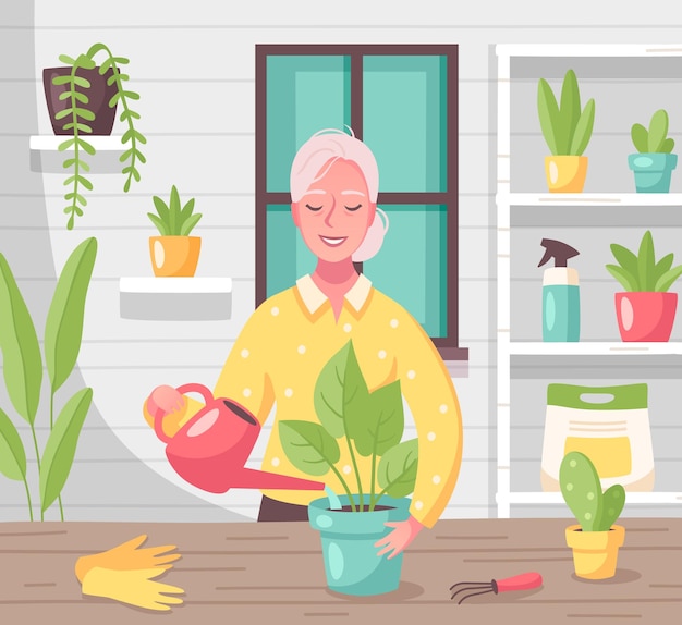 Хобби, свободное время, досуг, плоская композиция с женщиной, заботящейся о комнатных растениях