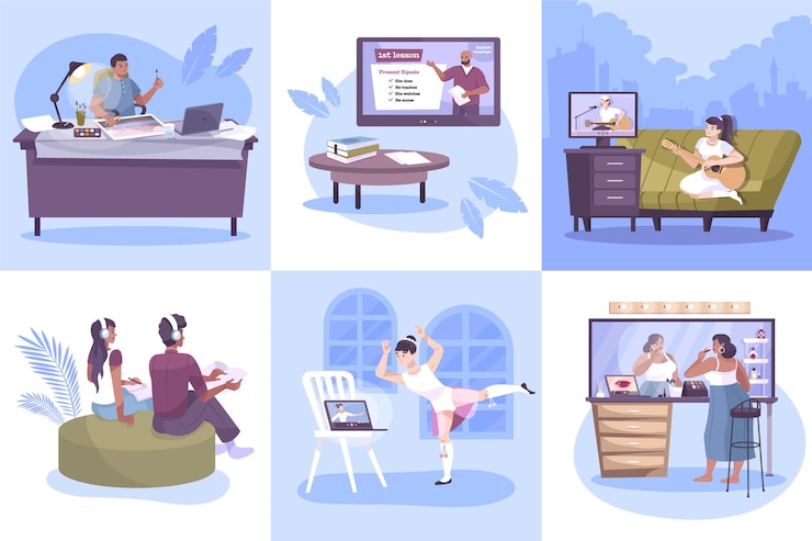 Free Vector hobby  online  set  of  square  compositions  with  flat  human  characters  practicing  at  home  with  remote  tutors    illustration