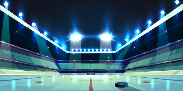  hockey arena, ice rink with black rubber puck. Sports stadium with spotlights