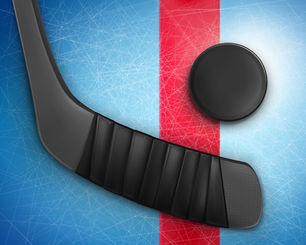 Free vector hockey black stick and puck on ice