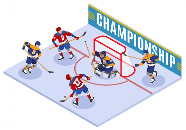 Hockey championship isometric composition with forward slapshot scoring and protecting net goaltender in goal crease