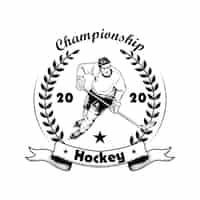 Free vector hockey championship label vector illustration. ice hockey player in helmet, uniform and skates, laurel wreath, championship text. sport or fan community concept for emblems and labels templates