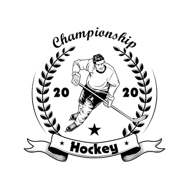 Hockey championship label vector illustration. Ice hockey player in helmet, uniform and skates, laurel wreath, championship text. Sport or fan community concept for emblems and labels templates
