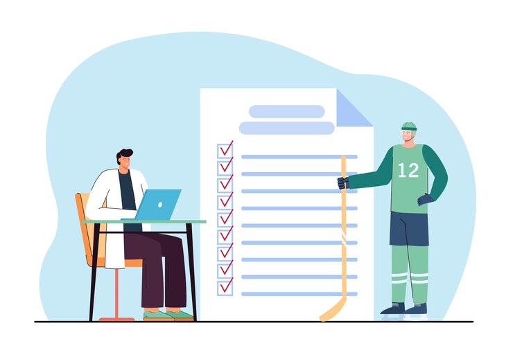 Free Vector hockey player at doctors office flat vector illustration. sportsman taking medical examination and samples before competition. sport, healthcare concept for banner, website design or landing web page