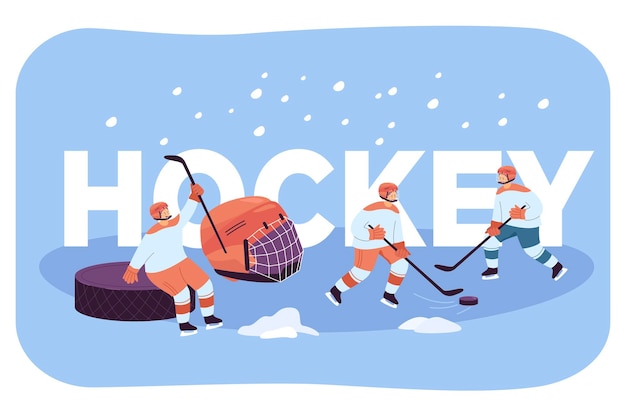 Free vector hockey players in uniform practicing with sticks and puck on ice rink. male people doing winter sport on background of word hockey flat vector illustration. free time activity concept for wallpaper