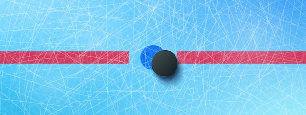 Free vector hockey puck on blue ice rink top view background