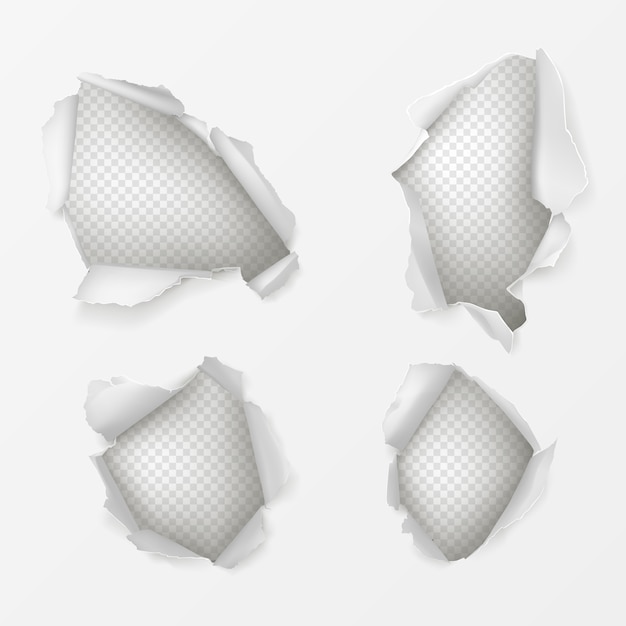 Holes in white paper sheet realistic set