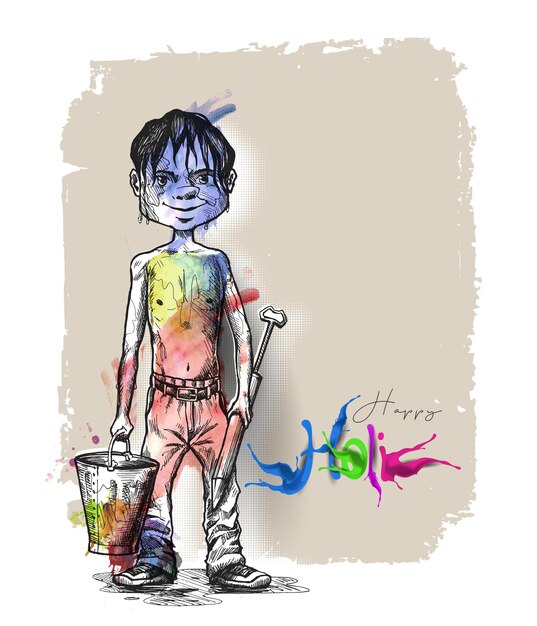 Holi Celebrations Banner  Boy Playing Holi with Gun of Pichkari Vector illustration