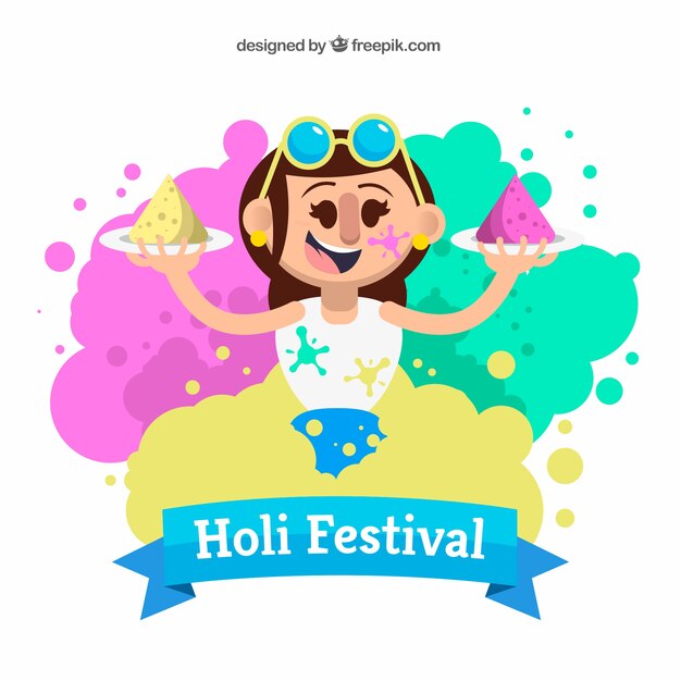 Vettore gratuito sfondo di festival di holi in design piatto con una ragazza