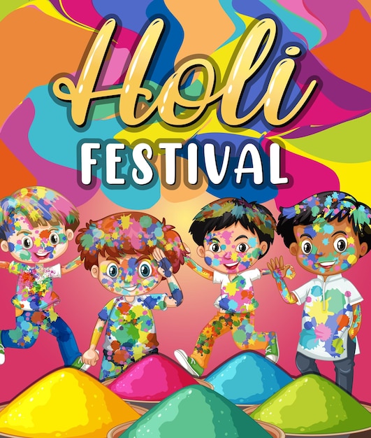 Vettore gratuito banner di holi festival con personaggi di bambini