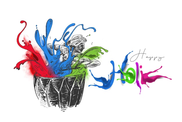 Vettore gratuito celebrazioni del festival di holi donna che gioca su un dhol con spruzzi di sfondo vettoriale a colori