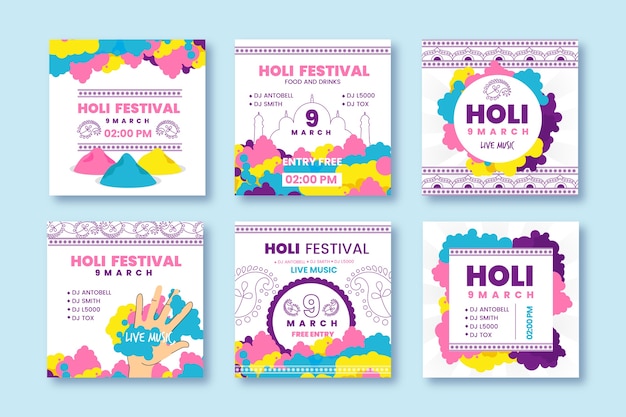 Free vector holi festival instagram post collection