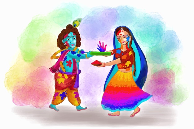 Holi greetings with joyful krishna and radha playing with colors design