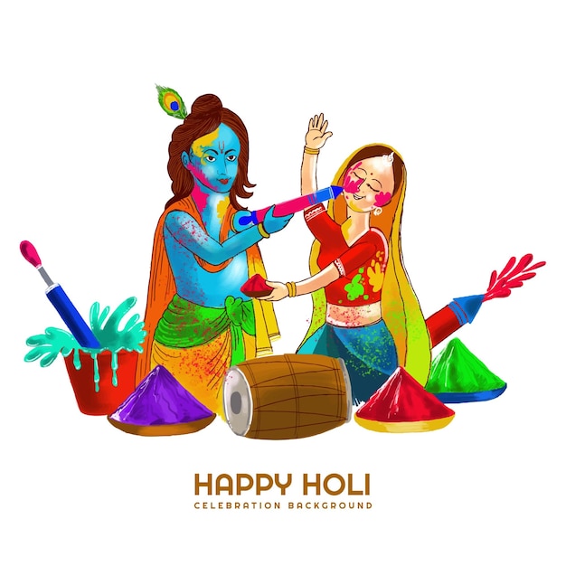 Free vector holi greetings with joyful krishna and radha playing with colors design