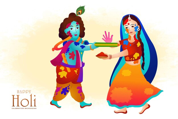 Free vector holi greetings with joyful krishna and radha playing with colors illustration background
