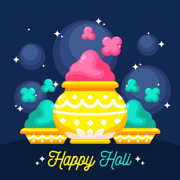 Holi holiday flat design colourful paint powder in vases