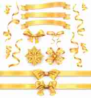 Free vector holiday collection of realistic gold ribbons and bows for gift decoration isolated vector illustration