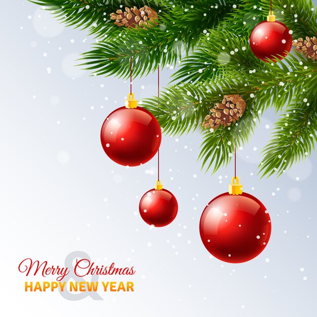 装飾されたクリスマスツリーの枝と雪とホリデーシーズンの新年の挨拶カード