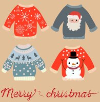 Free vector holiday themed pattern of christmas sweaters with santa claus, snowman, snowflakes and elks.
