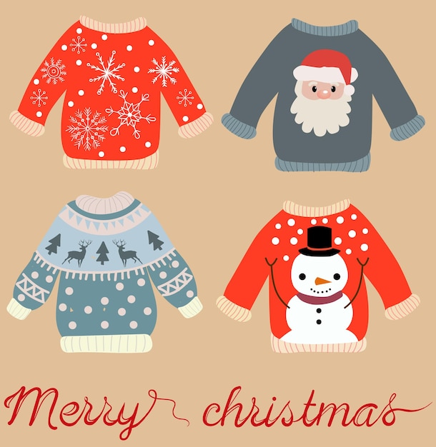 Holiday themed pattern of christmas sweaters with Santa Claus, snowman, snowflakes and elks.