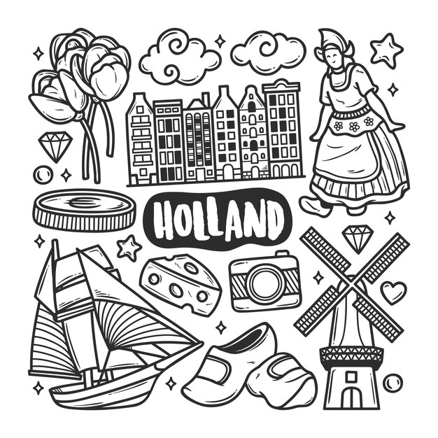 Holland Icons Hand Drawn Doodle Coloring