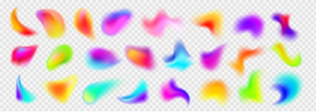 Бесплатное векторное изображение Голографическая абстрактная размытая точка вектор 3d хамелеон y2k аура форма градиент текстура мягкая геометрическая смесь графический дизайн изолированный набор яркая жидкая краска красочная размытая динамическая щетка блеск