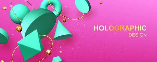 Holographic abstract design banner with geometric 3d shapes hemisphere, octahedron, sphere or torus, cone, cylinder and pyramid with icosahedron on pink background with gold pearls vector illustration