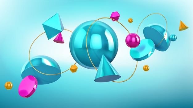 Holographic background with 3d geometric shapes, spheres and golden rings. abstract design with turquoise and blue render figures, cone, ball, octahedron and hemisphere on blue background