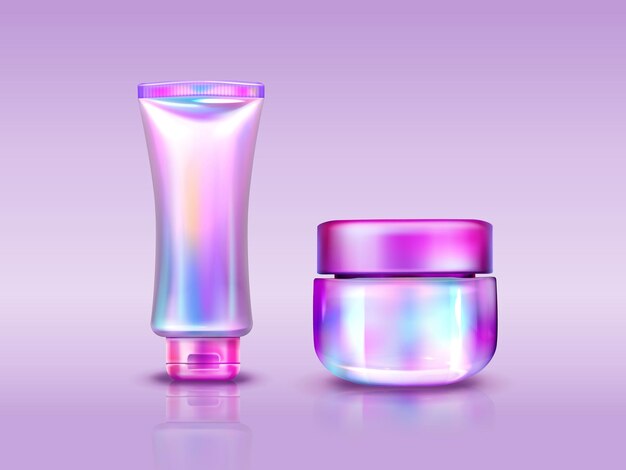 Holographic cosmetics package, iridescent tube and jar