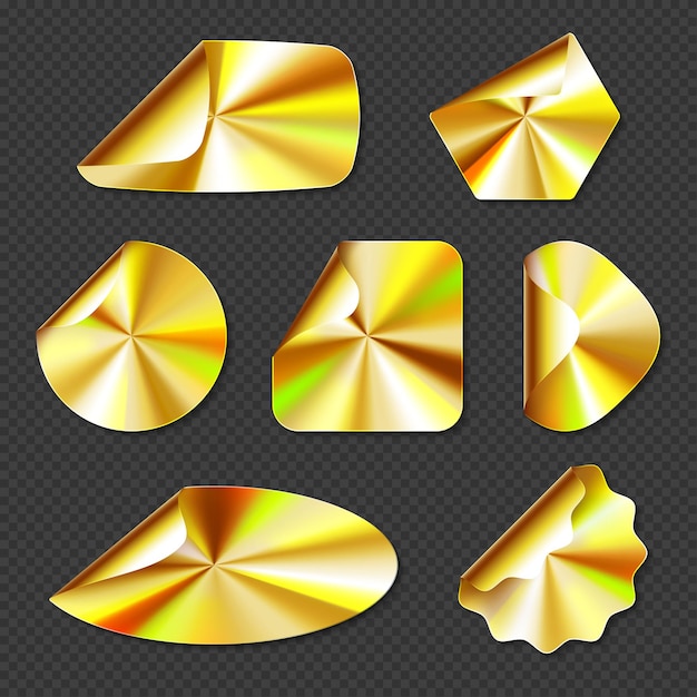 Free vector holographic golden stickers, labels with gold gradient texture