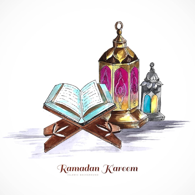 아랍어 램프 라마단 카림 카드 배경이 있는 스탠드에 있는 코란의 거룩한 책