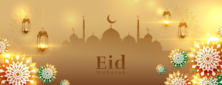 Free Vector holy eid mubarak festival golden banner with lantern and arabic decoration
