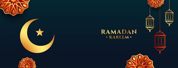 Holy ramadan month banner with moon and arabic decoration