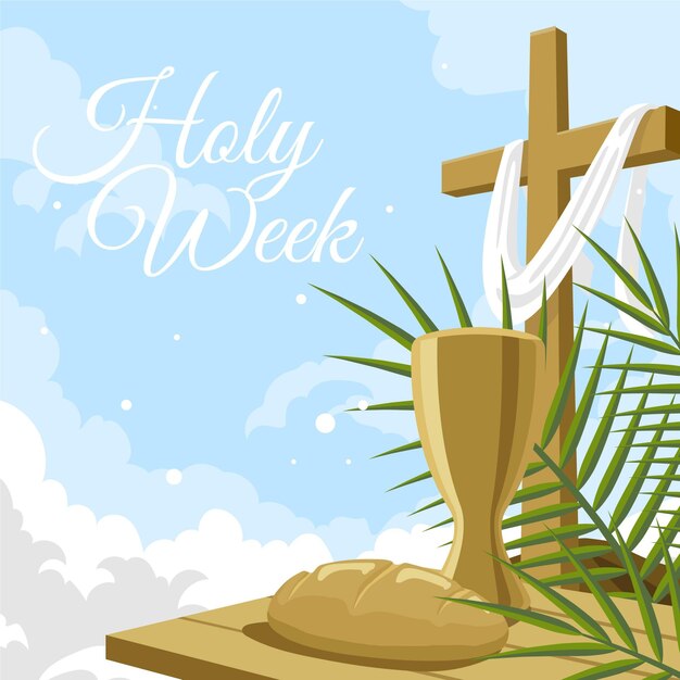 Holy week illustration with cross, wine and bread