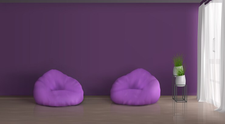 मुफ़्त वेक्टर home, apartment living room realistic vector violet, purple interior. empty wall, two bean bag chairs on floor, plants in ceramic flowerpots on metallic stand, curtained with white tulle window