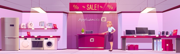 Free vector home appliances store with household equipment counter with cashbox and woman seller vector cartoon ...